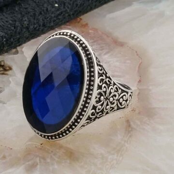 925 ayar Gümüş Oval Mavi Zirkon  Taşlı Erkek Yüzük