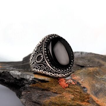 KRAL ZİNCİR MOTİFLİ ONİX TAŞLI GÜMÜŞ ERKEK YÜZÜK