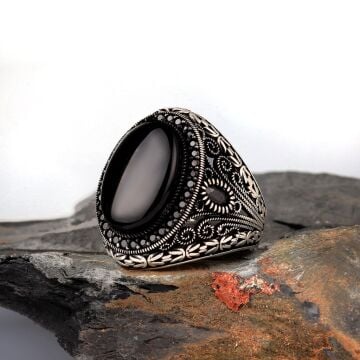 KRAL ZİNCİR MOTİFLİ ONİX TAŞLI GÜMÜŞ ERKEK YÜZÜK