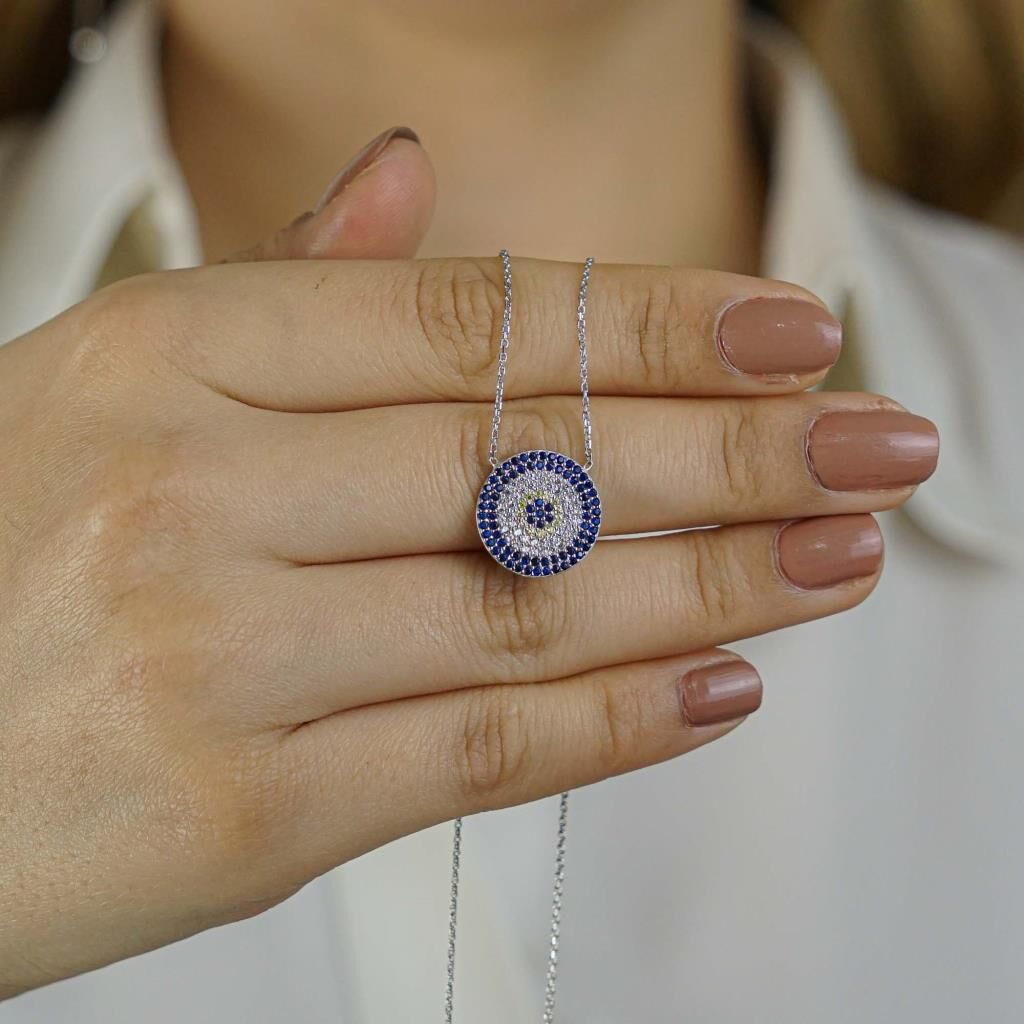 Nazar Boncuğu Tasarımlı 7 Sıra 925 Ayar Gümüş Kadın Kolye