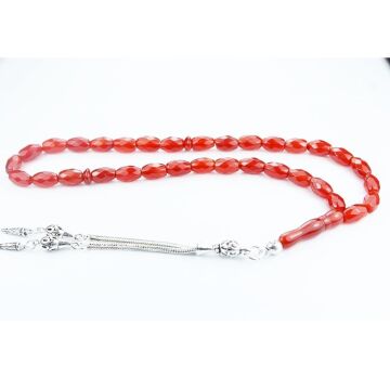 925 Ayar Gümüş Yeni Model Fasetalı Kesim Doğal Akik Taşı Tesbih