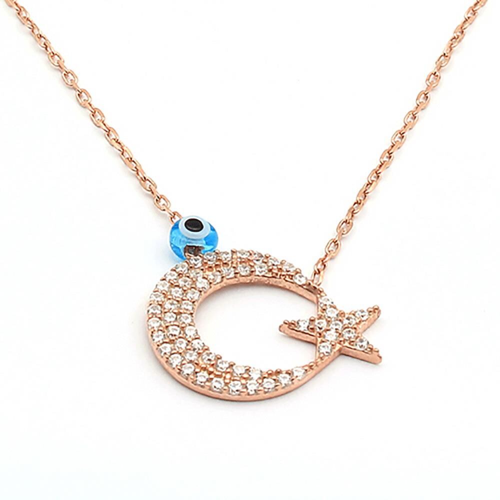 925 Ayar Gümüş Zirkon Taşlı Nazar Boncuklu Ay Yıldız Kolye 2