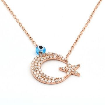 925 Ayar Gümüş Zirkon Taşlı Nazar Boncuklu Ay Yıldız Kolye 2