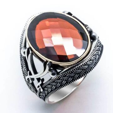 925 Ayar Gümüş Kırmızı Zirkon Taşlı Kılıç Detaylı Yüzük