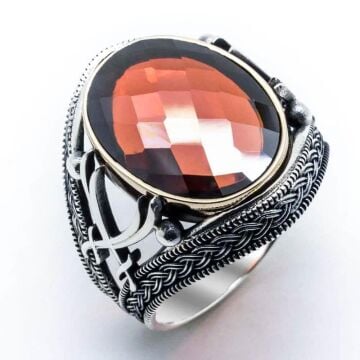 925 Ayar Gümüş Kırmızı Zirkon Taşlı Kılıç Detaylı Yüzük