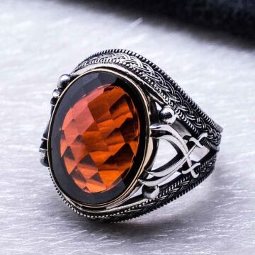 925 Ayar Gümüş Kırmızı Zirkon Taşlı Kılıç Detaylı Yüzük