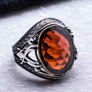 925 Ayar Gümüş Kırmızı Zirkon Taşlı Kılıç Detaylı Yüzük