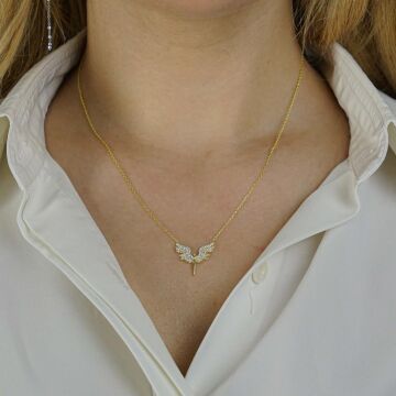 Melek Tasarımlı Altın Kaplamalı Zirkon Taşlı 925 Ayar Gümüş Kadın Kolye