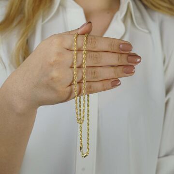 Altın Kaplama 3 MM 925 Ayar Gümüş Halat Zincir Kolye 45 cm