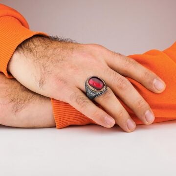 925 Ayar Gümüş Yakut (Ruby) Taşlı  Erkek Yüzük