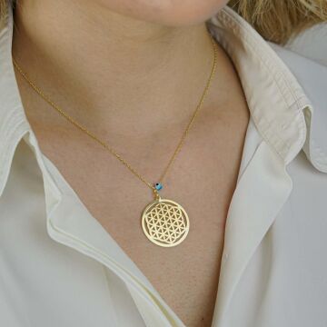 Altın Kaplama Yaşam Çiçeği ve Nazar Tasarımlı 925 Ayar Gümüş Kadın Kolye