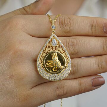 Altın Kaplama Tuğralı Damla Model 925 Ayar Gümüş Kadın Kolye 60 CM
