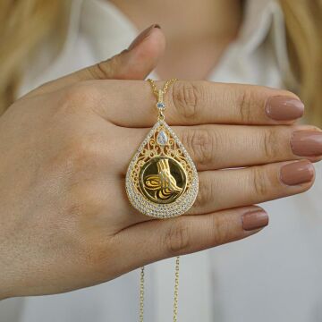 Altın Kaplama Tuğralı Damla Model 925 Ayar Gümüş Kadın Kolye 60 CM