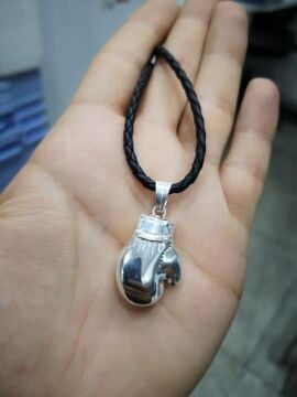 Gümüş Boks Eldiveni Kolye Deri İpli Özel Tasarım 925 Ayar