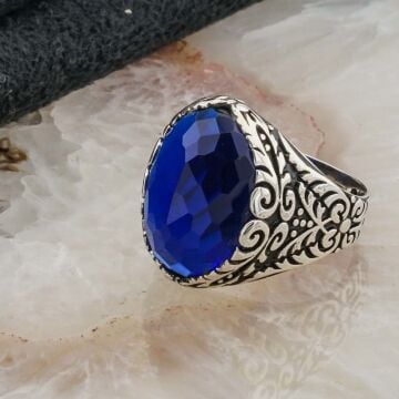 925 Ayar Gümüş Mavi  Oval Zirkon Taşlı Erkek Yüzük