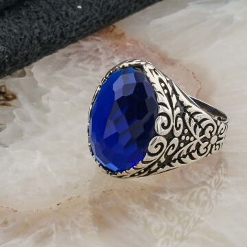 925 Ayar Gümüş Mavi  Oval Zirkon Taşlı Erkek Yüzük