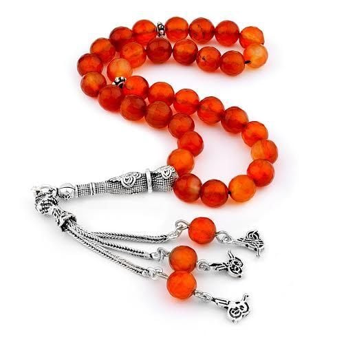 925 Ayar Gümüş Püsküllü Fesetalı Kesim Akik Taşlı Tesbih