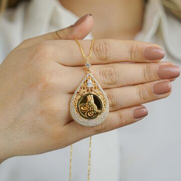 Damla Tasarımlı Tuğra Motifli Altın Kaplamalı 925 Ayar Gümüş Kadın Kolye 60 CM