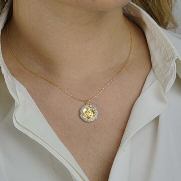 Yuvarlak Model Tuğra Motifli Altın Kaplamalı 925 Ayar Gümüş Kadın Kolye 45 CM