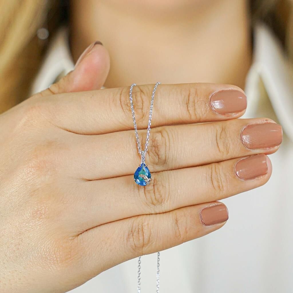 Damla Tasarımlı Mavi Zirkon Taşlı 925 Ayar Gümüş Kadın Kolye