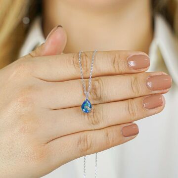 Damla Tasarımlı Mavi Zirkon Taşlı 925 Ayar Gümüş Kadın Kolye