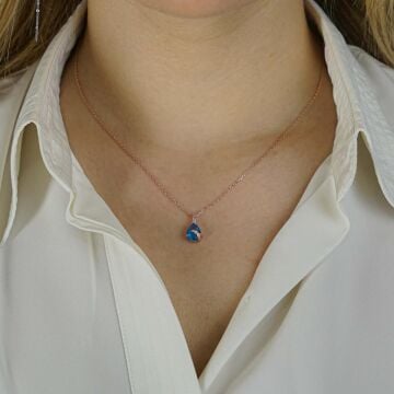 Damla Tasarımlı Mavi Zirkon Taşlı 925 Ayar Gümüş Kadın Kolye Rose