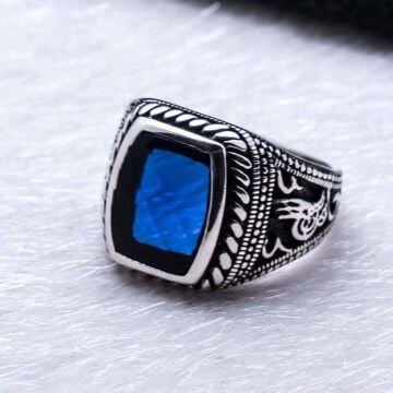 925 Ayar Gümüş Mavi Zirkon Taşlı Osmanlı Tuğrası Yüzük