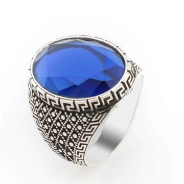 Oval Mavi Zirkon Taşlı Gümüş Erkek Yüzük