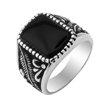 Siyah Oniks Taşlı Kuş Tuyu Motifli Gümüş Erkek Yüzük