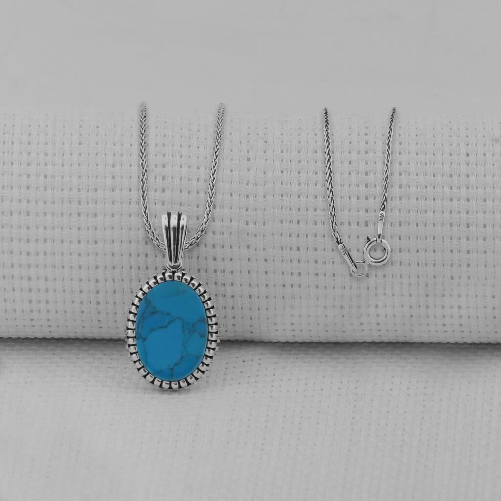 Turkuaz Taşlı Oval 925 Ayar Erkek Gümüş Kolye