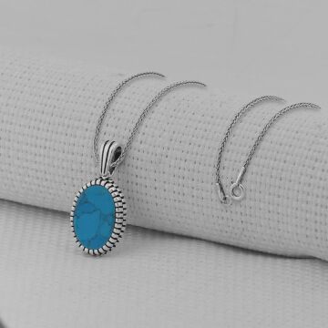 Turkuaz Taşlı Oval 925 Ayar Erkek Gümüş Kolye