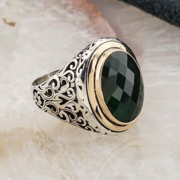 925 Ayar Gümüş Yeşil Zirkon Taşlı Erkek Yüzük Model 9