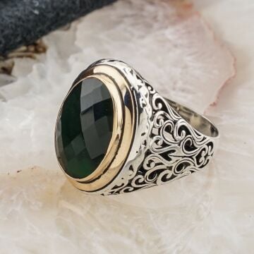 925 Ayar Gümüş Yeşil Zirkon Taşlı Erkek Yüzük Model 9