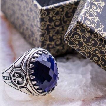 925 Ayar gümüş Mavi Zirkon  Taşlı Tuğra Detaylı Yüzük