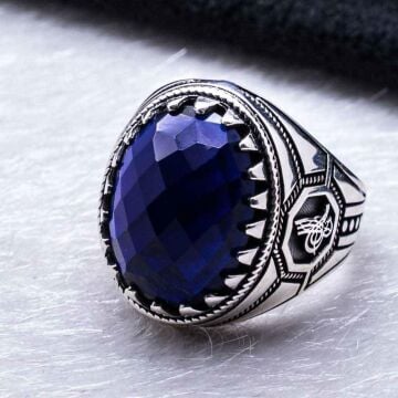 925 Ayar gümüş Mavi Zirkon  Taşlı Tuğra Detaylı Yüzük