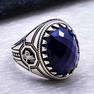 925 Ayar gümüş Mavi Zirkon  Taşlı Tuğra Detaylı Yüzük