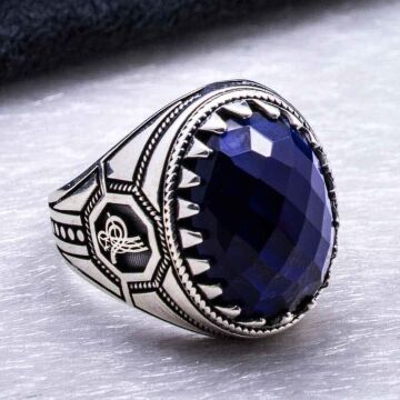 925 Ayar gümüş Mavi Zirkon  Taşlı Tuğra Detaylı Yüzük