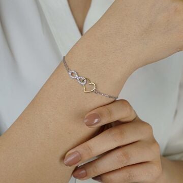 Kalp İçerisinde Sonsuzluk Tasarımlı 925 Ayar Gümüş Kadın Bileklik