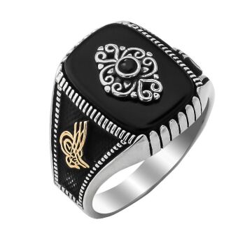 Siyah Oniks Taşlı Osmanlı Tuğra Motifli Gümüş Erkek Yüzük