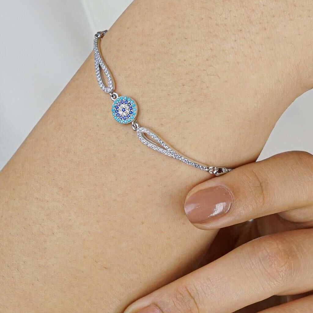 Minimal Nazar Tasarımlı 4 Sıralı Kelepçe Model 925 Ayar Gümüş Kadın Bileklik