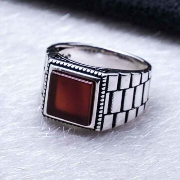 925 Ayar Gümüş Kare Akik Taşlı  Rolex işlemeli  Yüzük