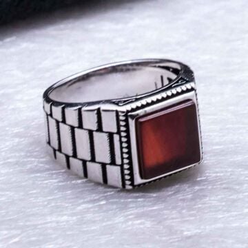 925 Ayar Gümüş Kare Akik Taşlı  Rolex işlemeli  Yüzük