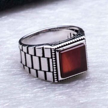 925 Ayar Gümüş Kare Akik Taşlı  Rolex işlemeli  Yüzük