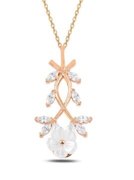 Baget Taşlı Manolya Çiçeği Gümüş Kolye Rose