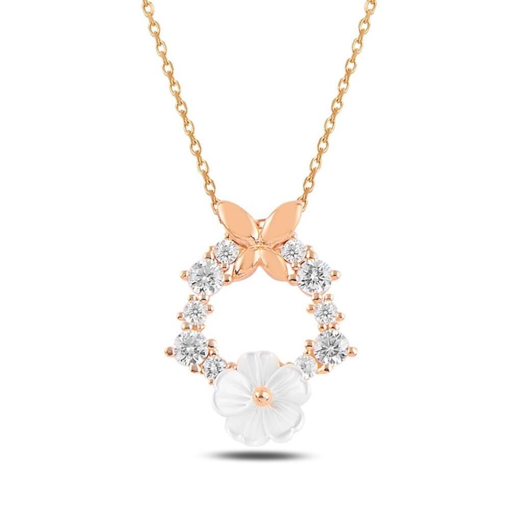 Manolya Çiçeği Kelebek Detaylı 925 Ayar Gümüş Kolye ROSE