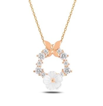 Manolya Çiçeği Kelebek Detaylı 925 Ayar Gümüş Kolye ROSE