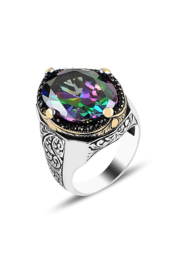 Özel Tasarım El İşi Kalem İşçilikli Mistik Topaz Taşlı 925 Ayar Gümüş Erkek Yüzük