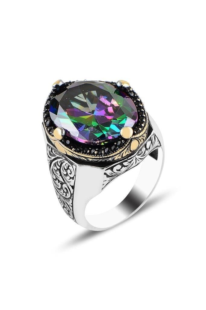 Özel Tasarım El İşi Kalem İşçilikli Mistik Topaz Taşlı 925 Ayar Gümüş Erkek Yüzük