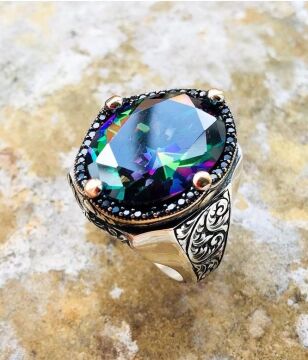 Özel Tasarım El İşi Kalem İşçilikli Mistik Topaz Taşlı 925 Ayar Gümüş Erkek Yüzük