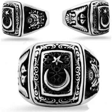 Ay Yıldız Tasarımlı Osmanlı Arma ve Kartal Motifli Gümüş Yüzük